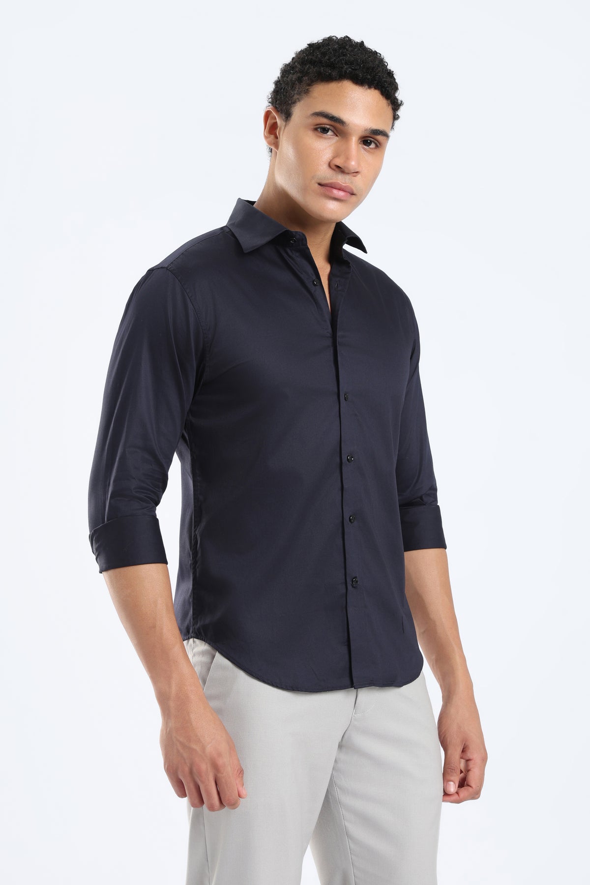 The Navy Blue Cotton Satin Tailored Shirt