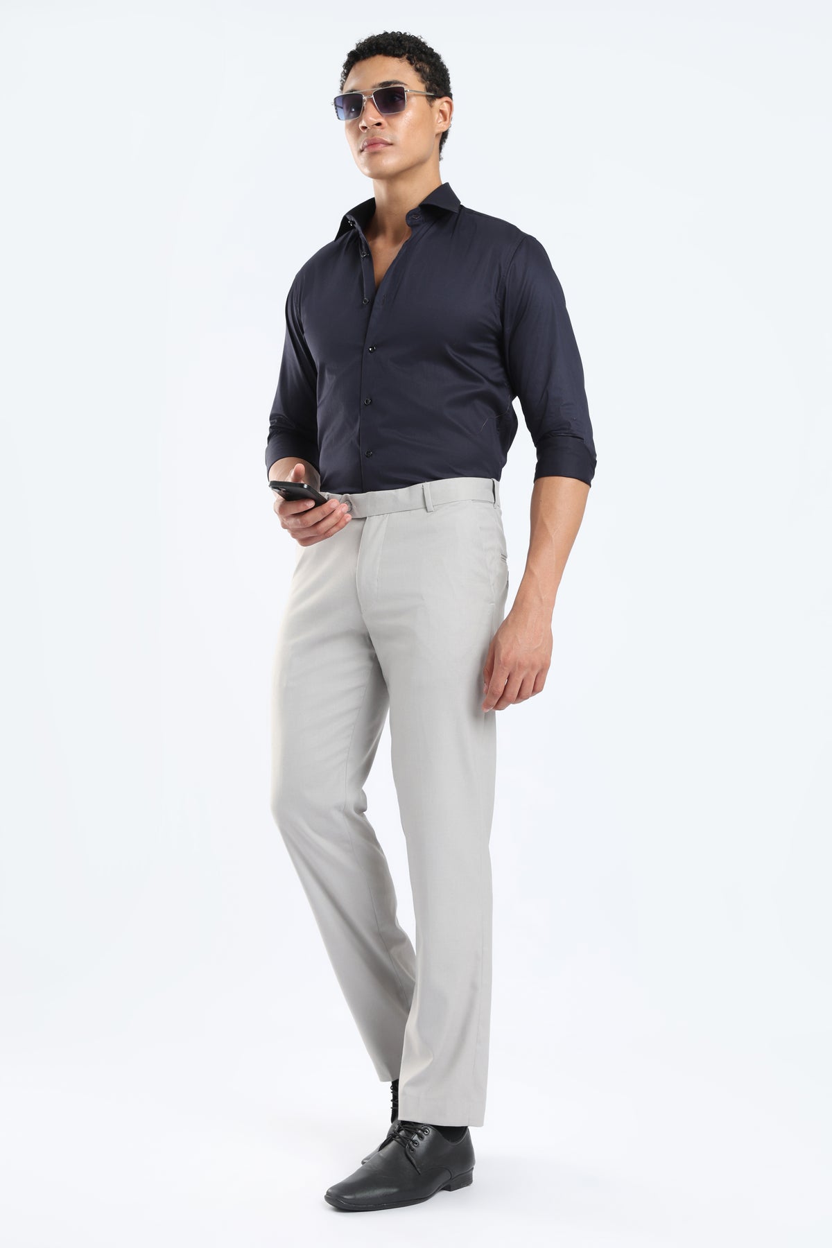 The Navy Blue Cotton Satin Tailored Shirt