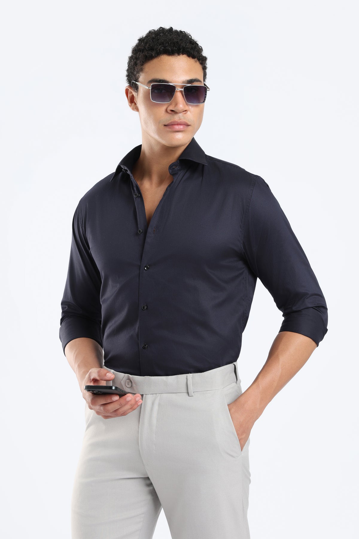 The Navy Blue Cotton Satin Tailored Shirt