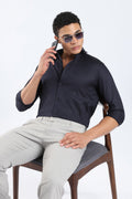 The Navy Blue Cotton Satin Tailored Shirt