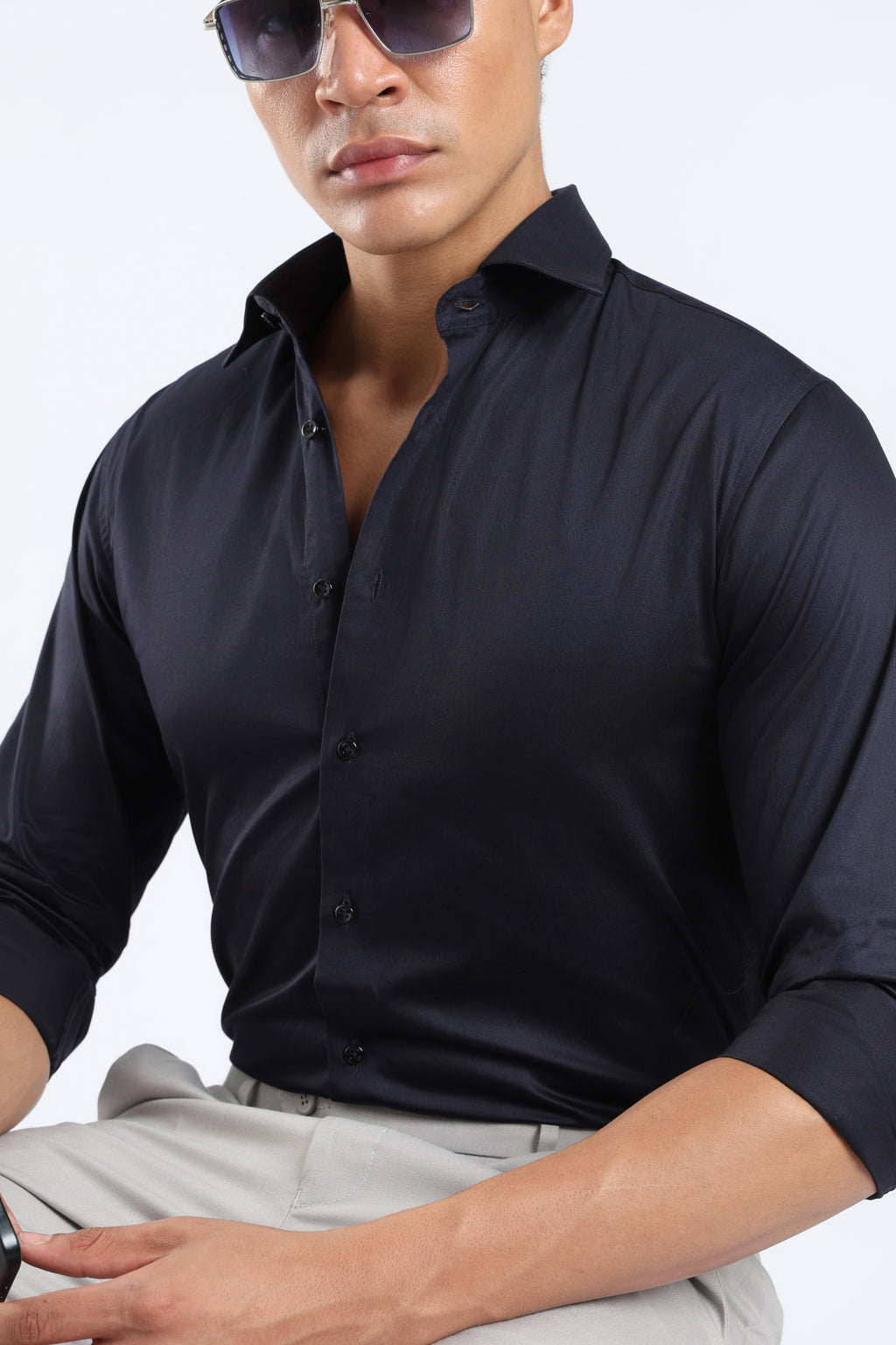 The Navy Blue Cotton Satin Tailored Shirt