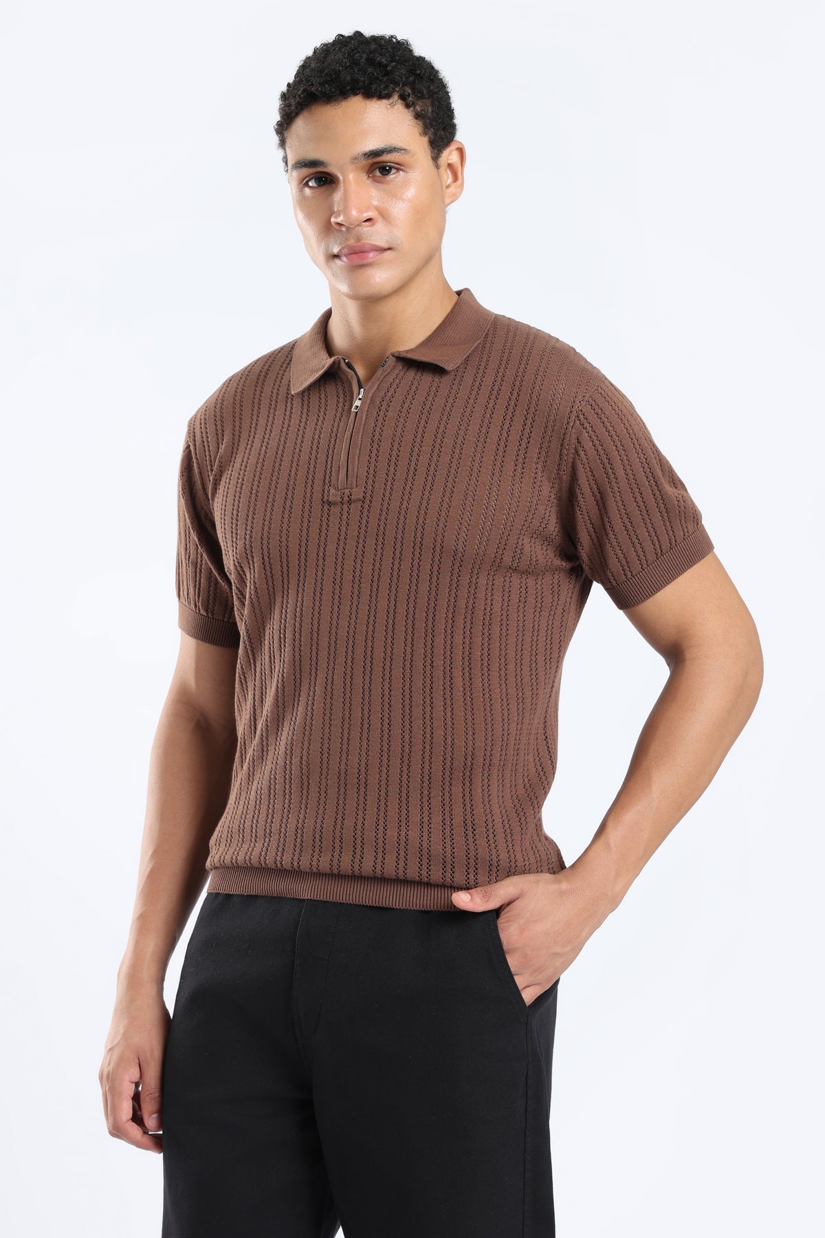 Men’s Cotton Quarter Zip Polo - Brown