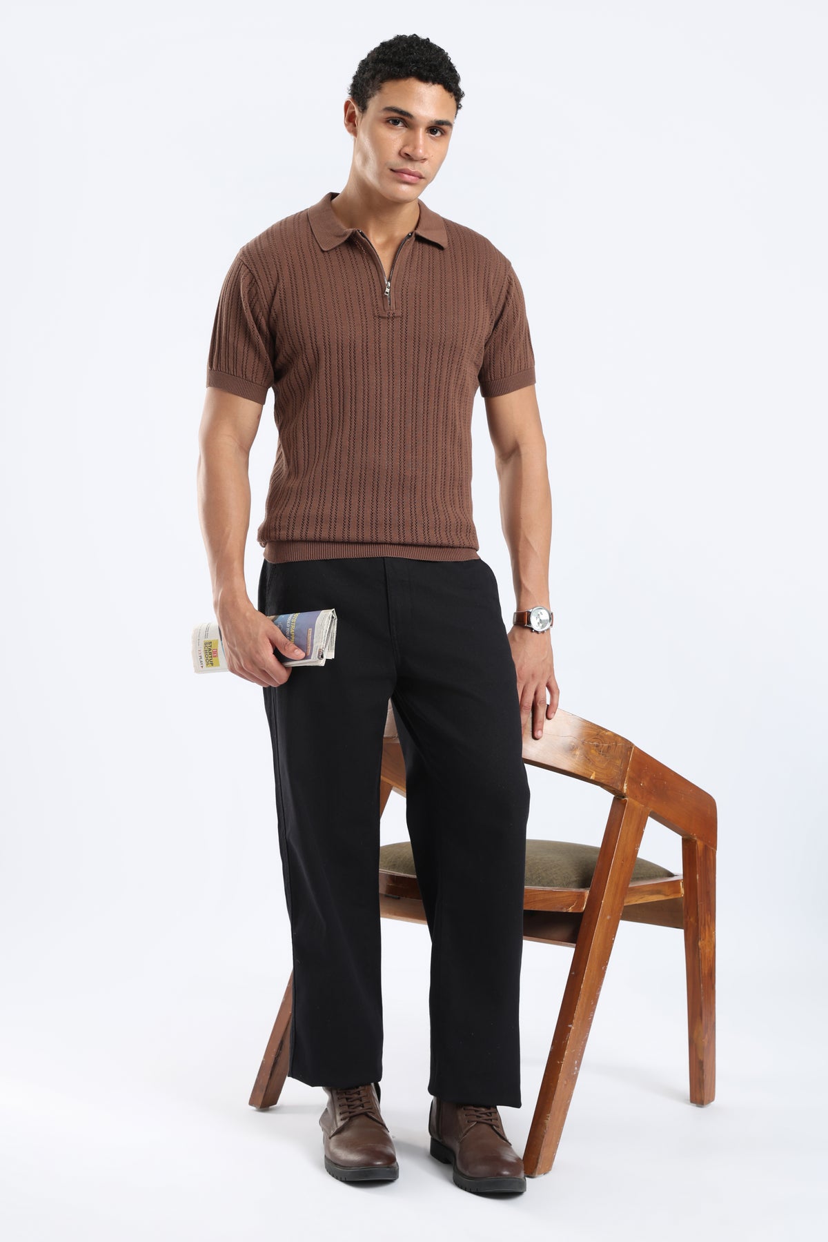 Men’s Cotton Quarter Zip Polo - Brown