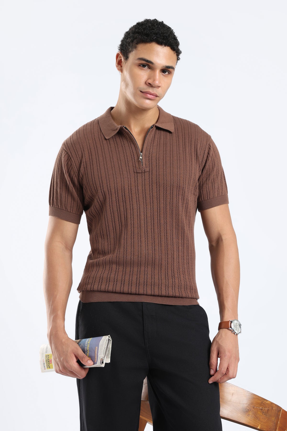 Men’s Cotton Quarter Zip Polo - Brown