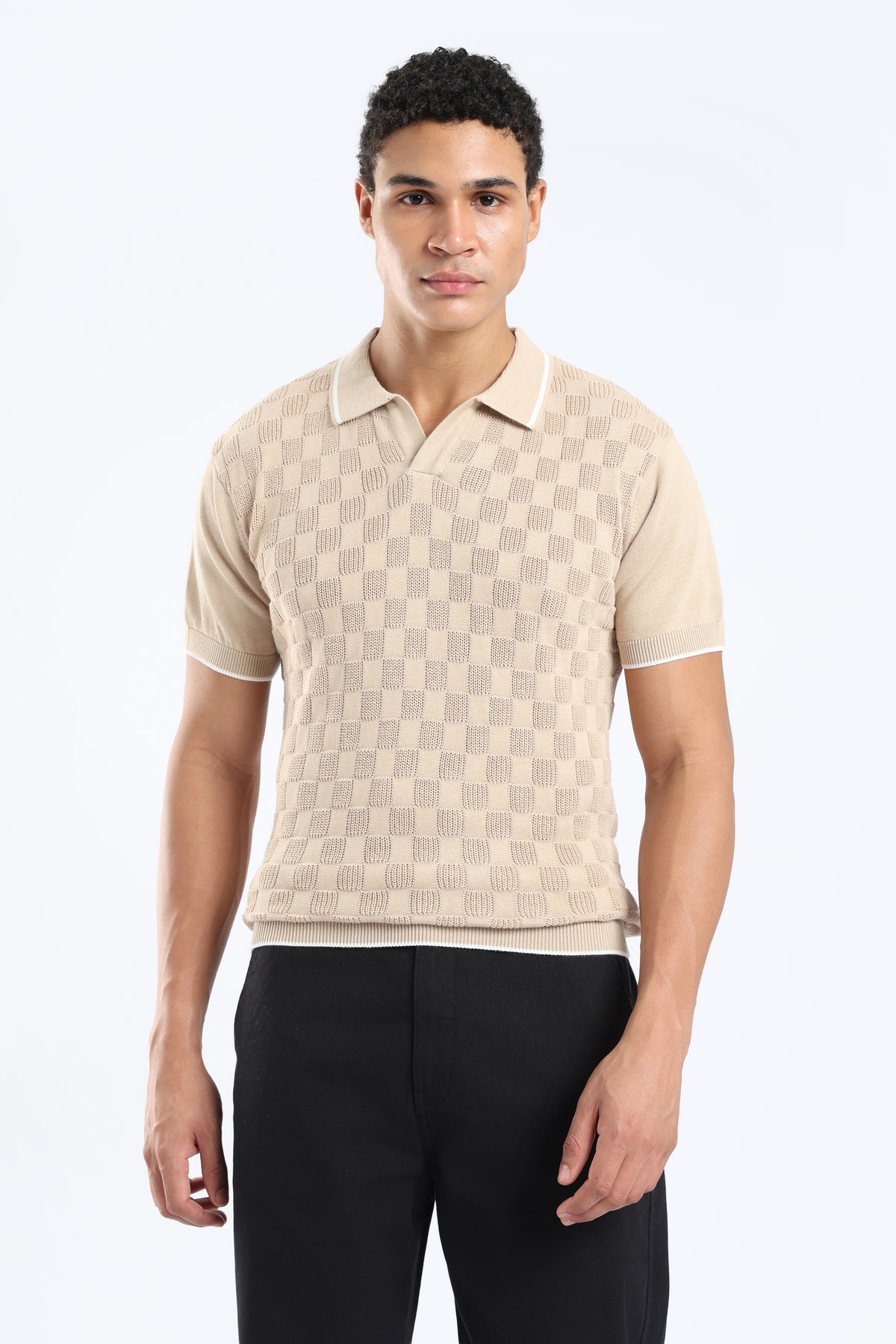 Men’s Checkered Knit Polo Shirt - Beige