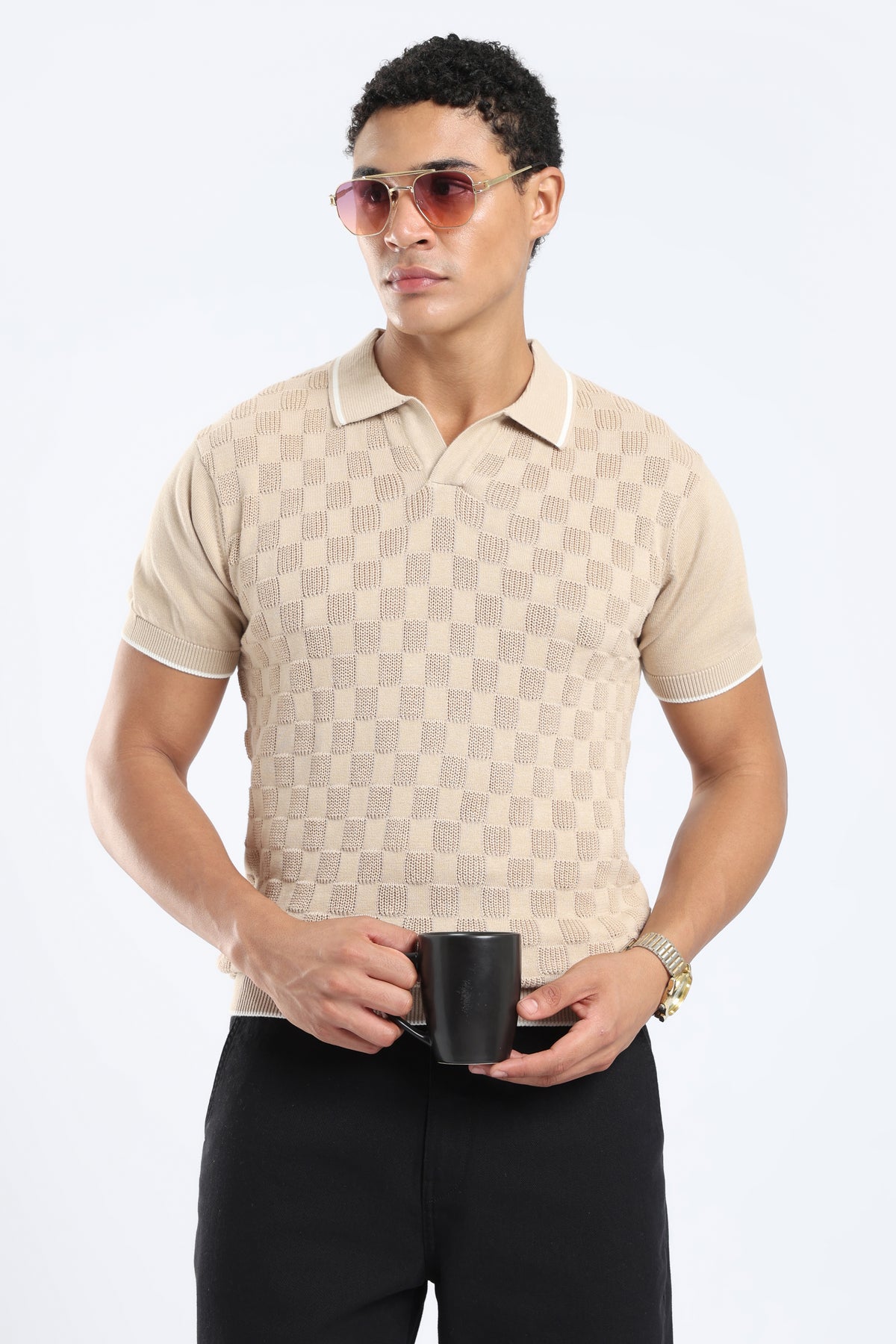 Men’s Checkered Knit Polo Shirt - Beige
