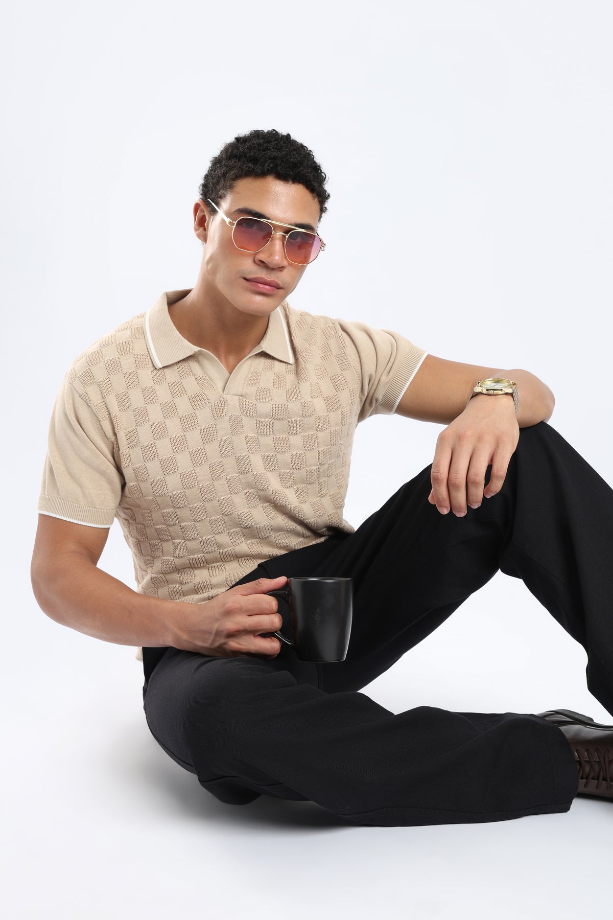 Men’s Checkered Knit Polo Shirt - Beige