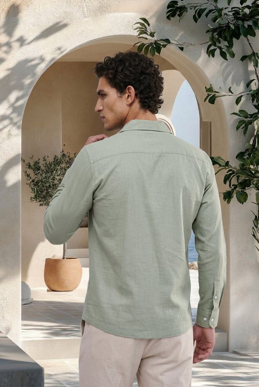 Pistachio Dust Linen Cuban Collar Shirt