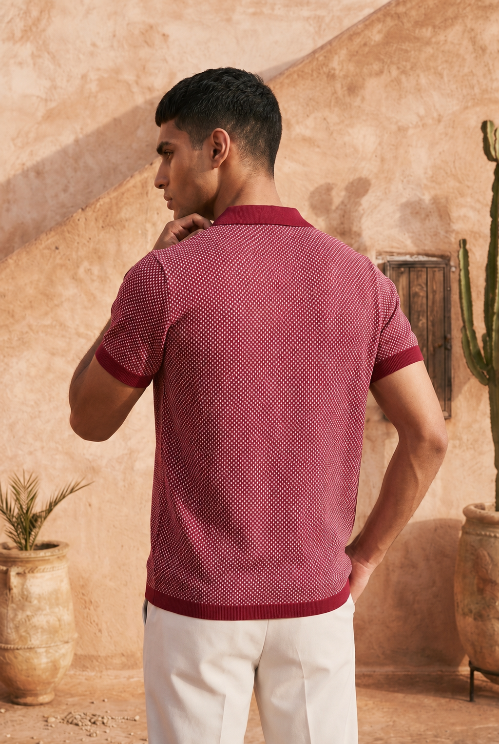 Crimson Melange Cotton Knit Polo T-Shirt