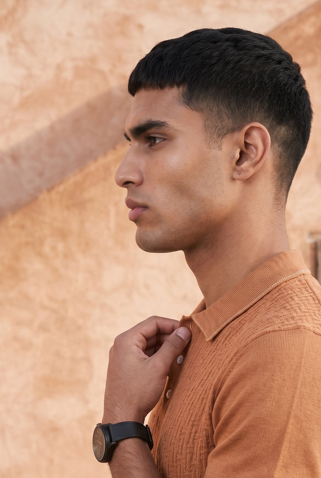 Man wearing a brown textured shirt against a warm-toned wall with a cactus plant.