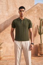 Obsidian Olive Cable Cotton Knit Polo T-Shirt
