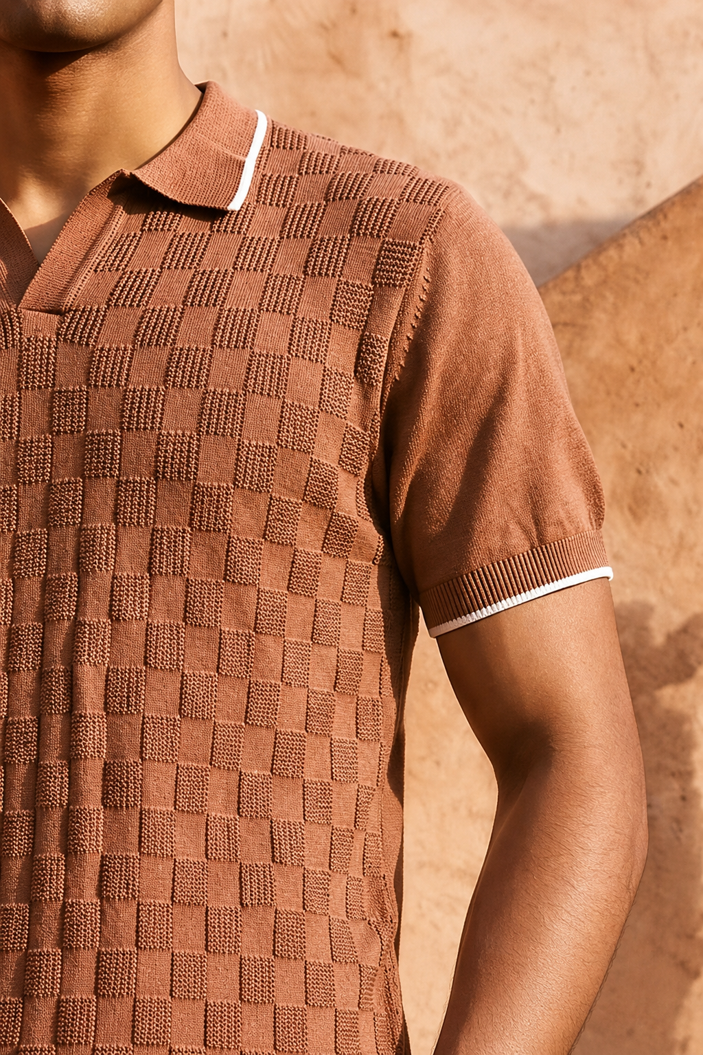 Desert Rose Checkered Cotton Knit Polo T-Shirt