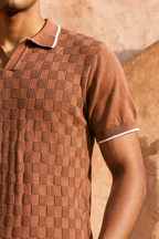 Desert Rose Checkered Cotton Knit Polo T-Shirt