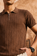 Mocha Brown Cotton Knit Quarter Zip T-Shirt
