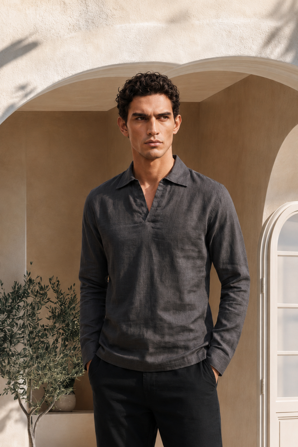 Charcoal Grey Pure Cotton Linen Johnny Collar Polo