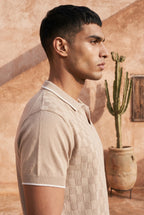 Champagne Beige Checkered Cotton Knit Polo T-Shirt