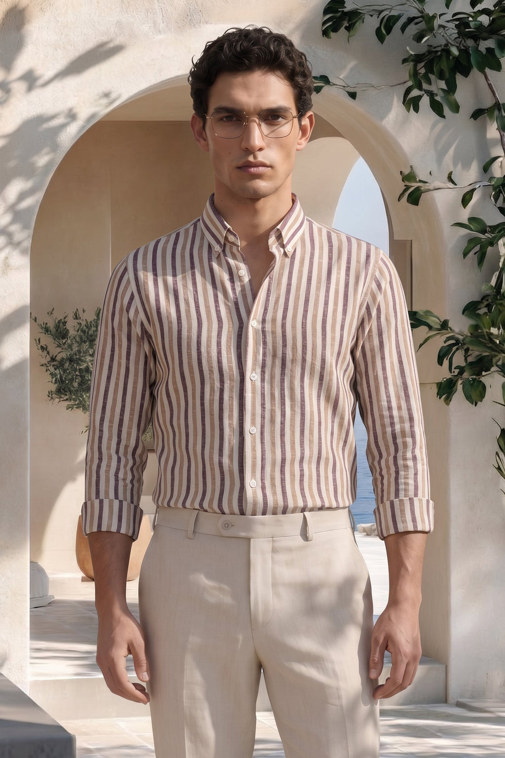 Man wearing a striped shirt and beige pants standing in a sunlit outdoor setting with arches and plants.