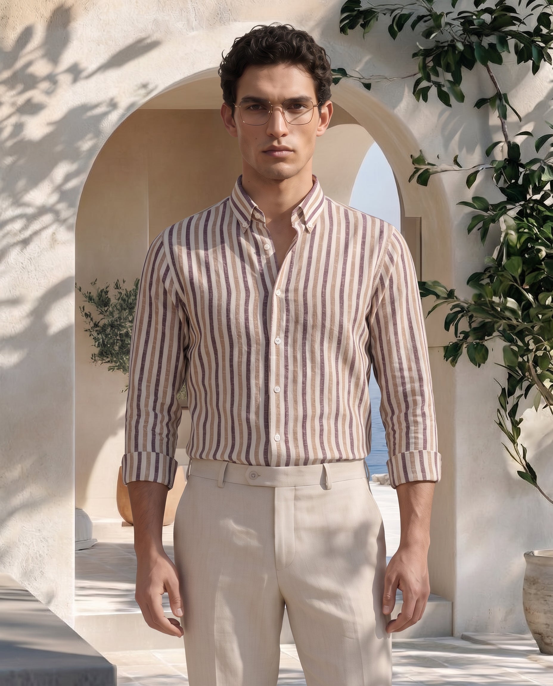 Mocha Stripe Down Button Signature Cotton Shirt