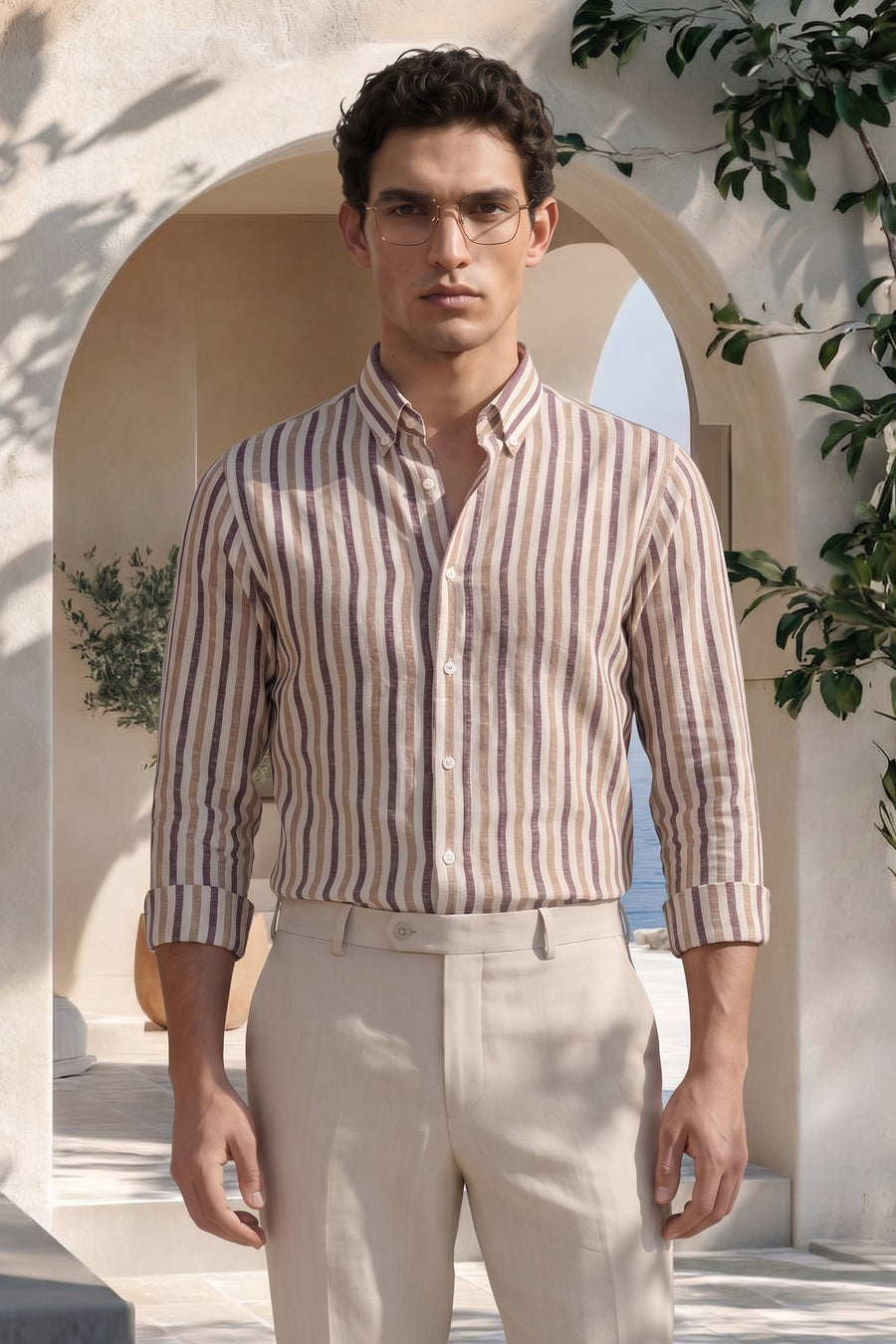 Man wearing a striped shirt and beige pants standing in a sunlit outdoor setting with arches and plants.