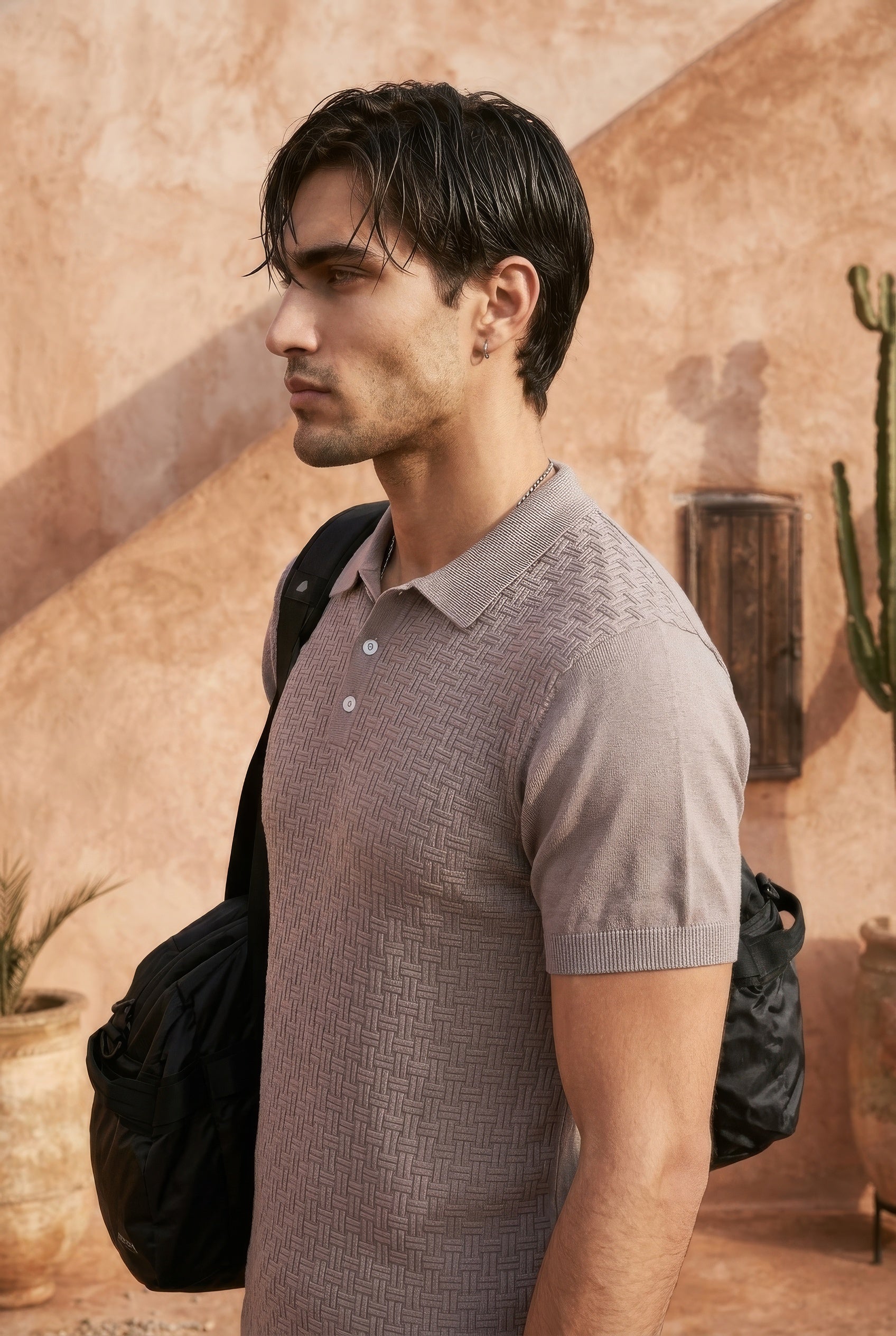 Ash Grey Basket Weave Cotton Knit Polo T-Shirt