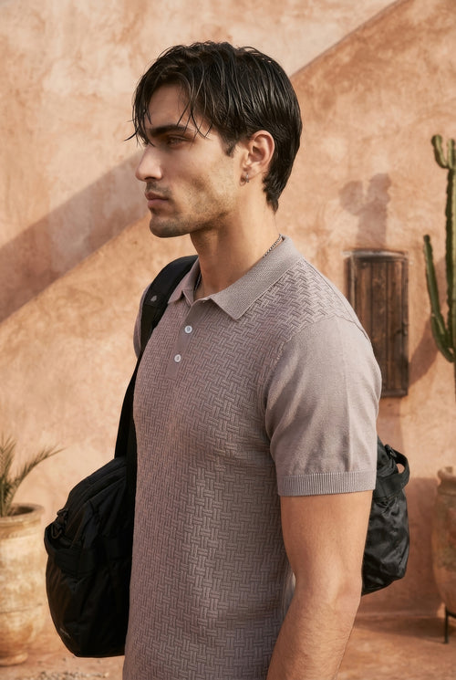 Ash Grey Basket Weave Cotton Knit Polo T-Shirt