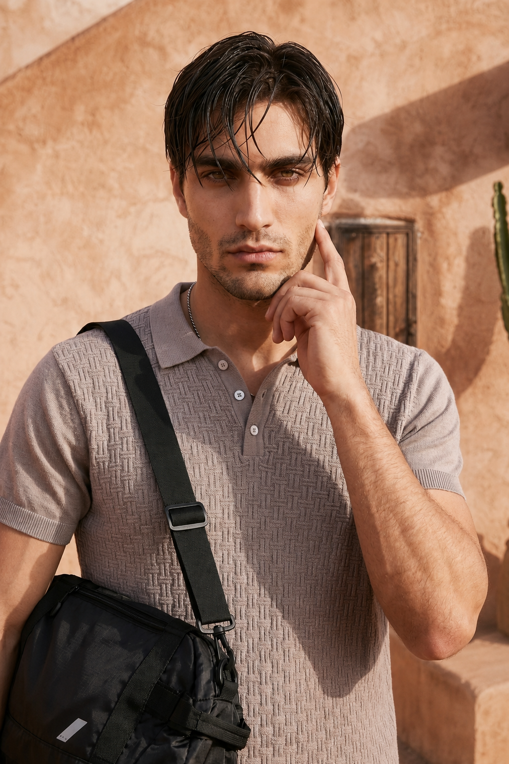 Ash Grey Basket Weave Cotton Knit Polo T-Shirt
