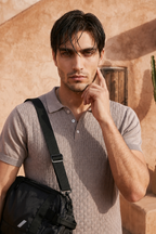 Ash Grey Basket Weave Cotton Knit Polo T-Shirt