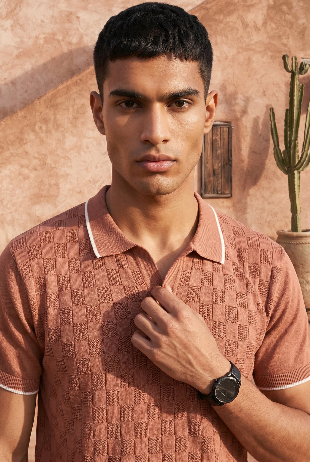 Desert Rose Checkered Cotton Knit Polo T-Shirt