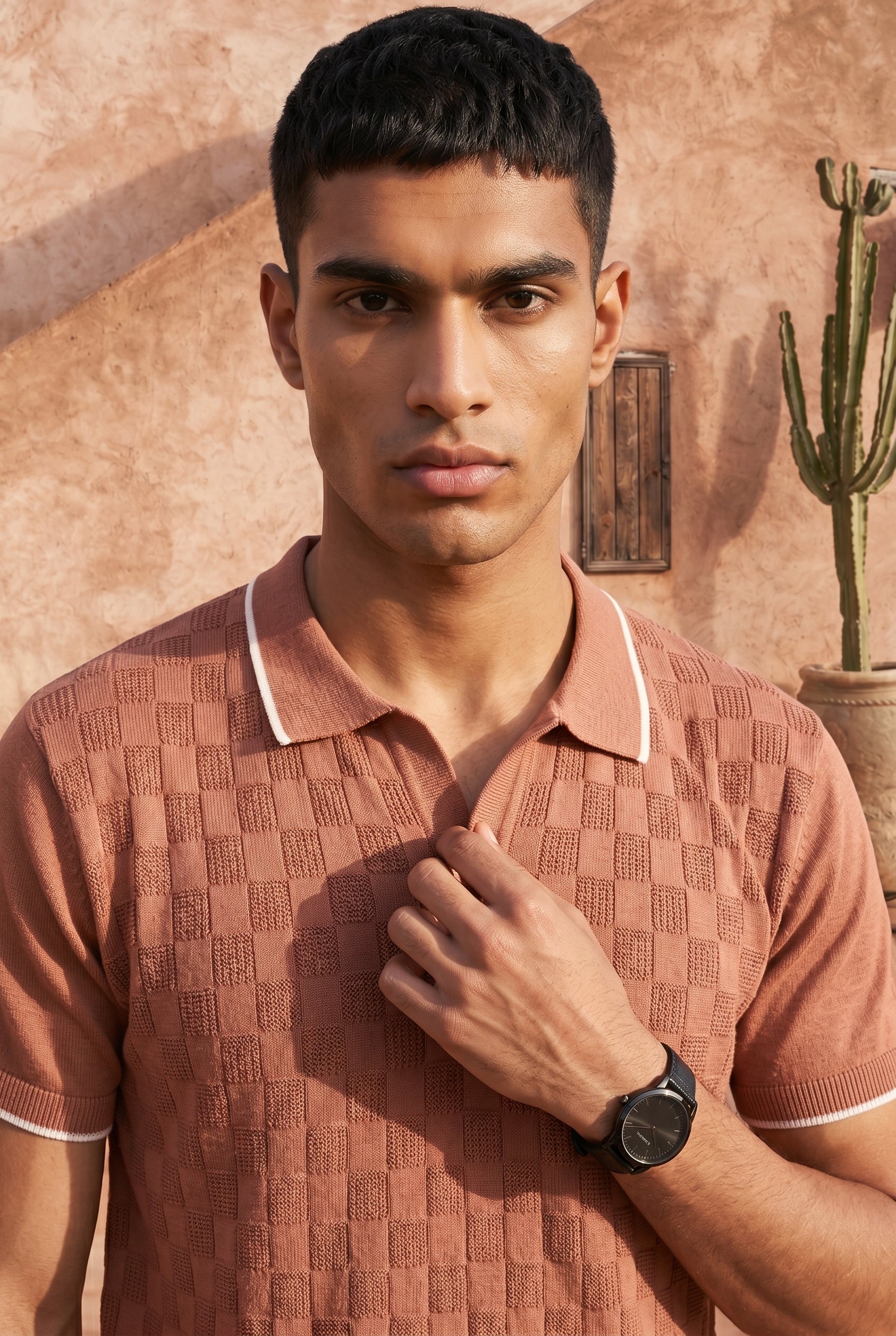 Desert Rose Checkered Cotton Knit Polo T-Shirt
