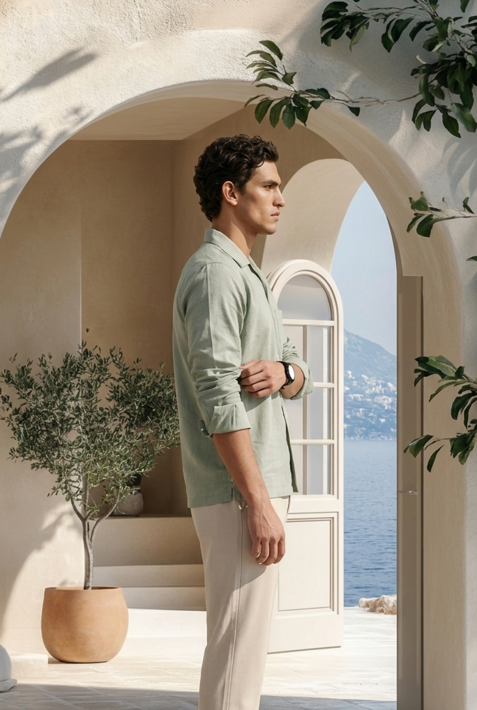 Pistachio Dust Linen Cuban Collar Shirt