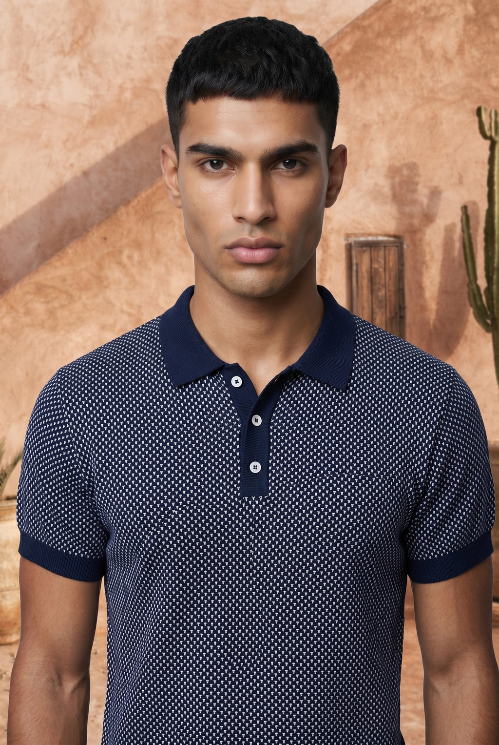 Midnight Melange Cotton Knit Polo T-Shirt