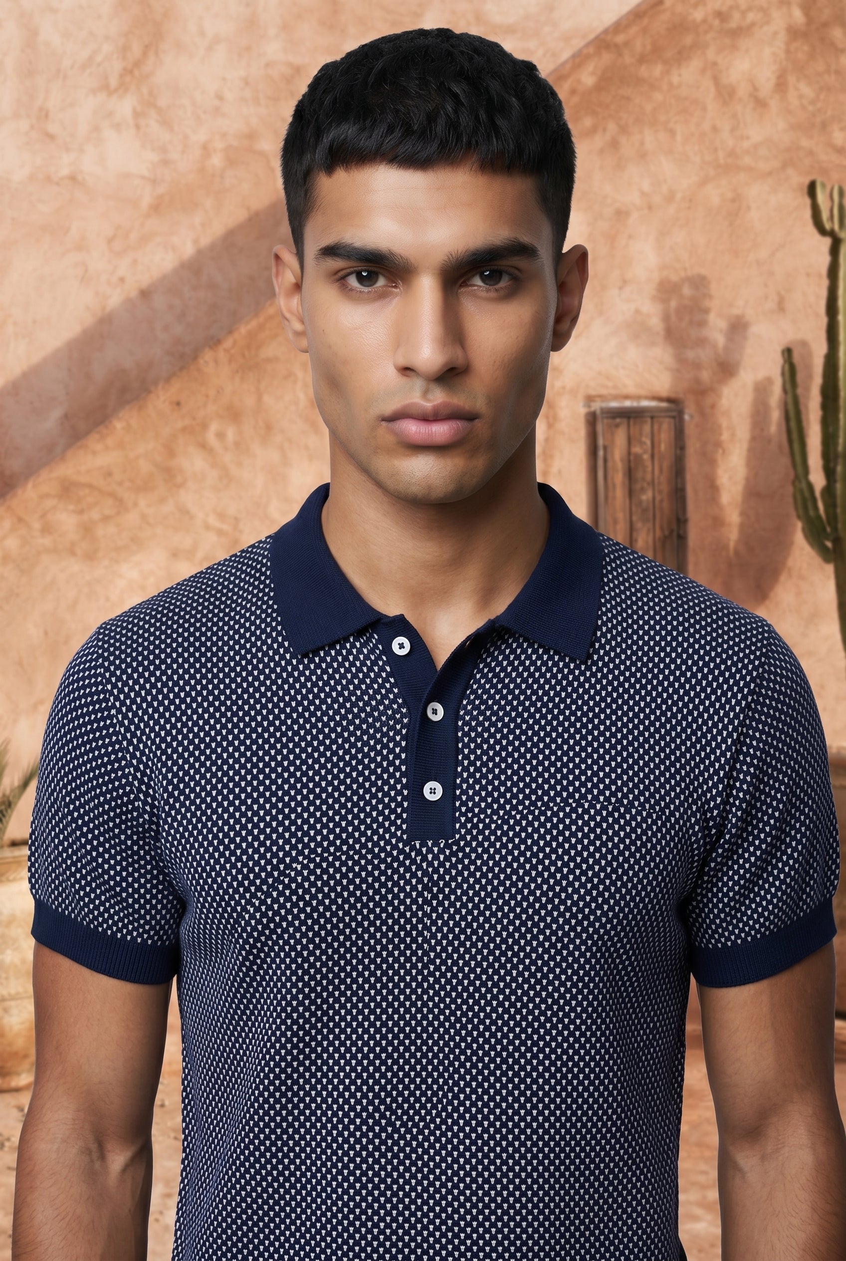 Midnight Melange Cotton Knit Polo T-Shirt
