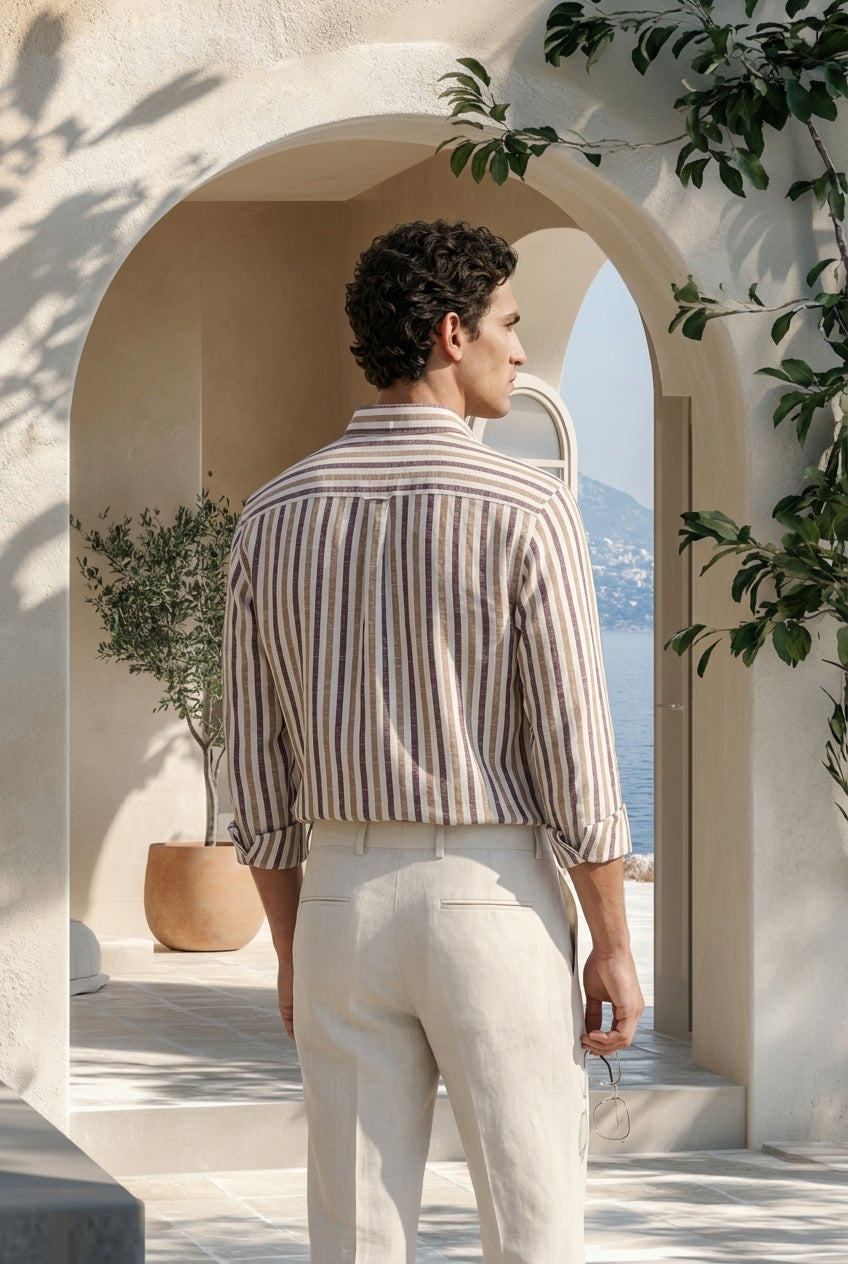Mocha Stripe Down Button Signature Cotton Shirt