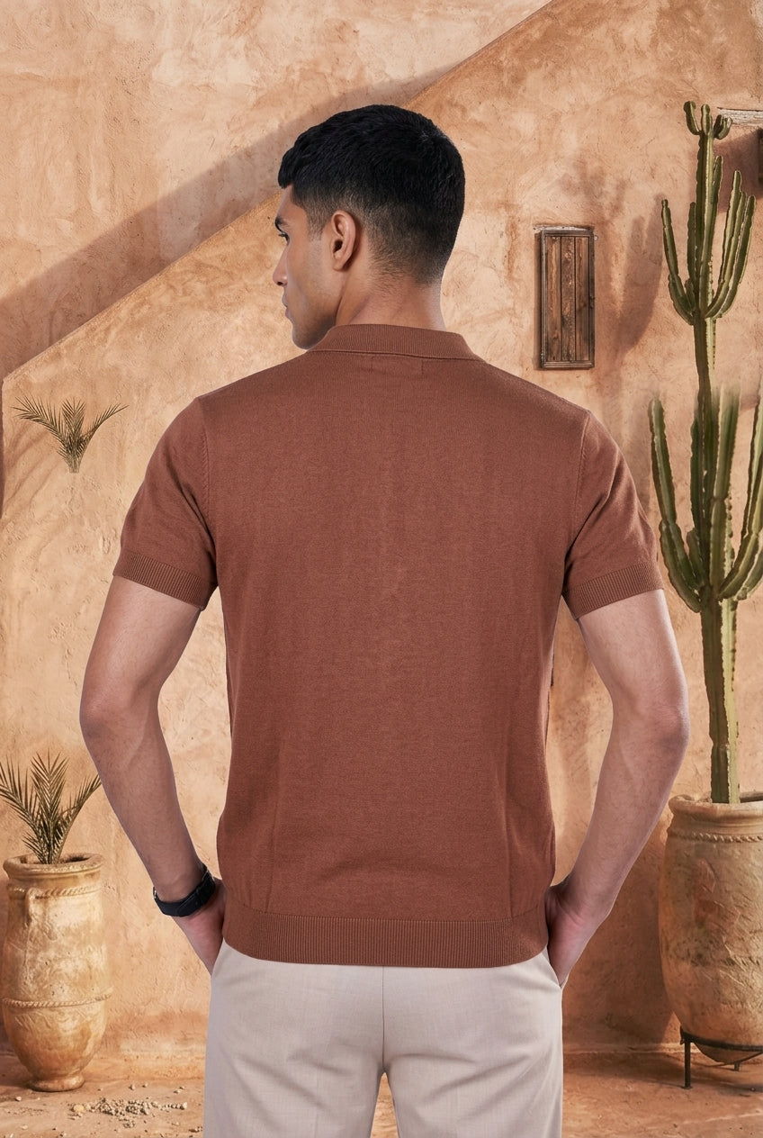 Smokey Camel Cable Cotton Knit Polo T-Shirt