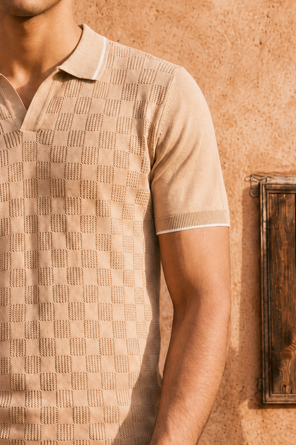 Champagne Beige Checkered Cotton Knit Polo T-Shirt