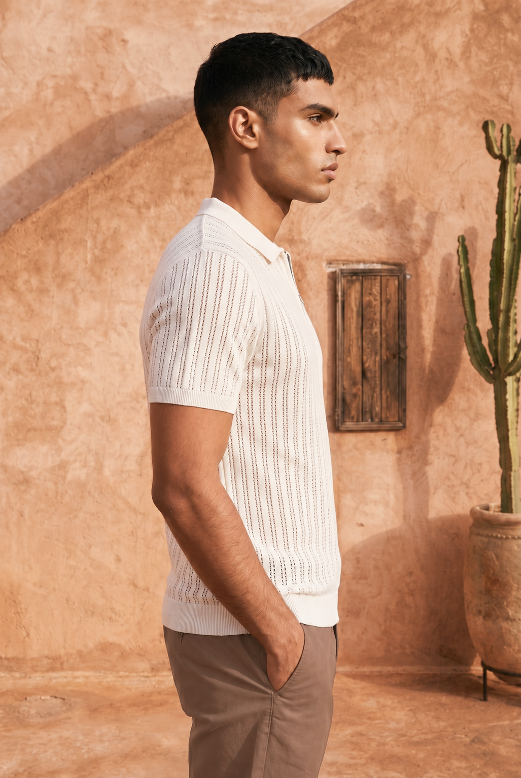 Frost Ivory Cotton Knit Quarter Zip T-Shirt