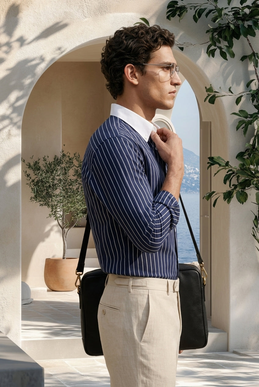 Midnight Blue Stripe Down Button Cotton Shirt