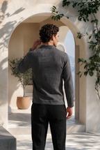 Charcoal Grey Pure Cotton Linen Johnny Collar Polo