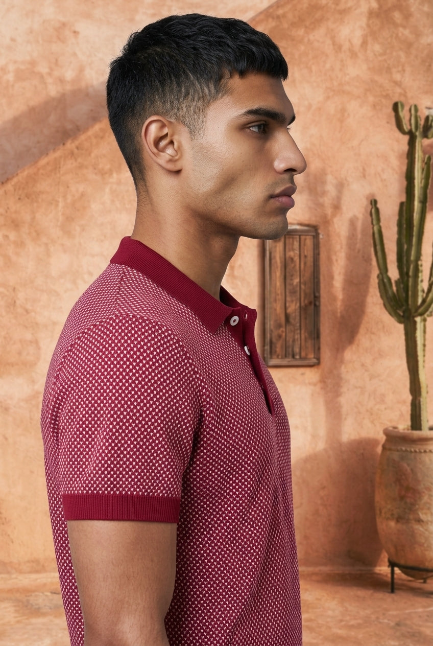 Crimson Melange Cotton Knit Polo T-Shirt