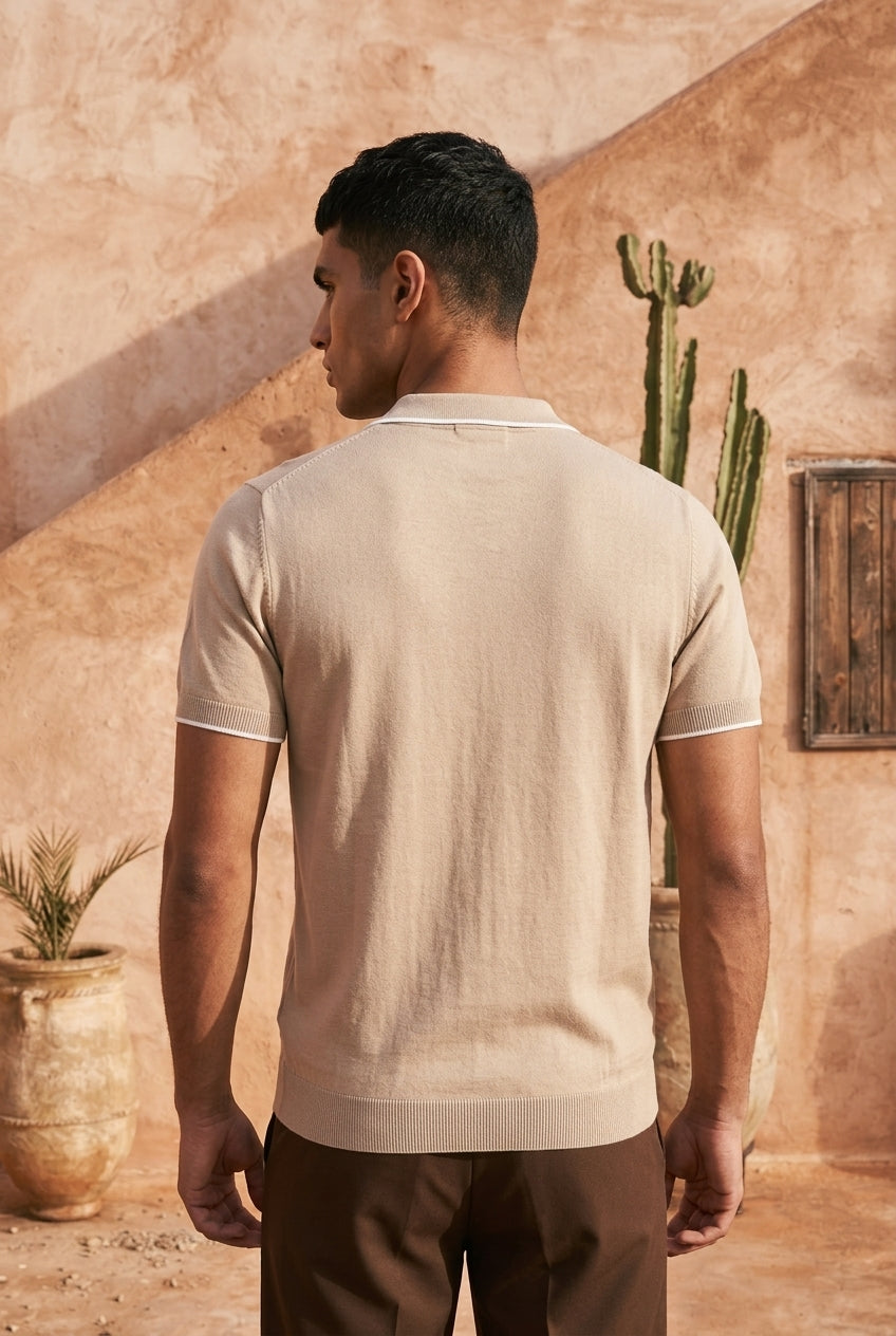 Champagne Beige Checkered Cotton Knit Polo T-Shirt