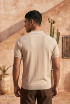 Champagne Beige Checkered Cotton Knit Polo T-Shirt