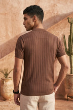 Mocha Brown Cotton Knit Quarter Zip T-Shirt