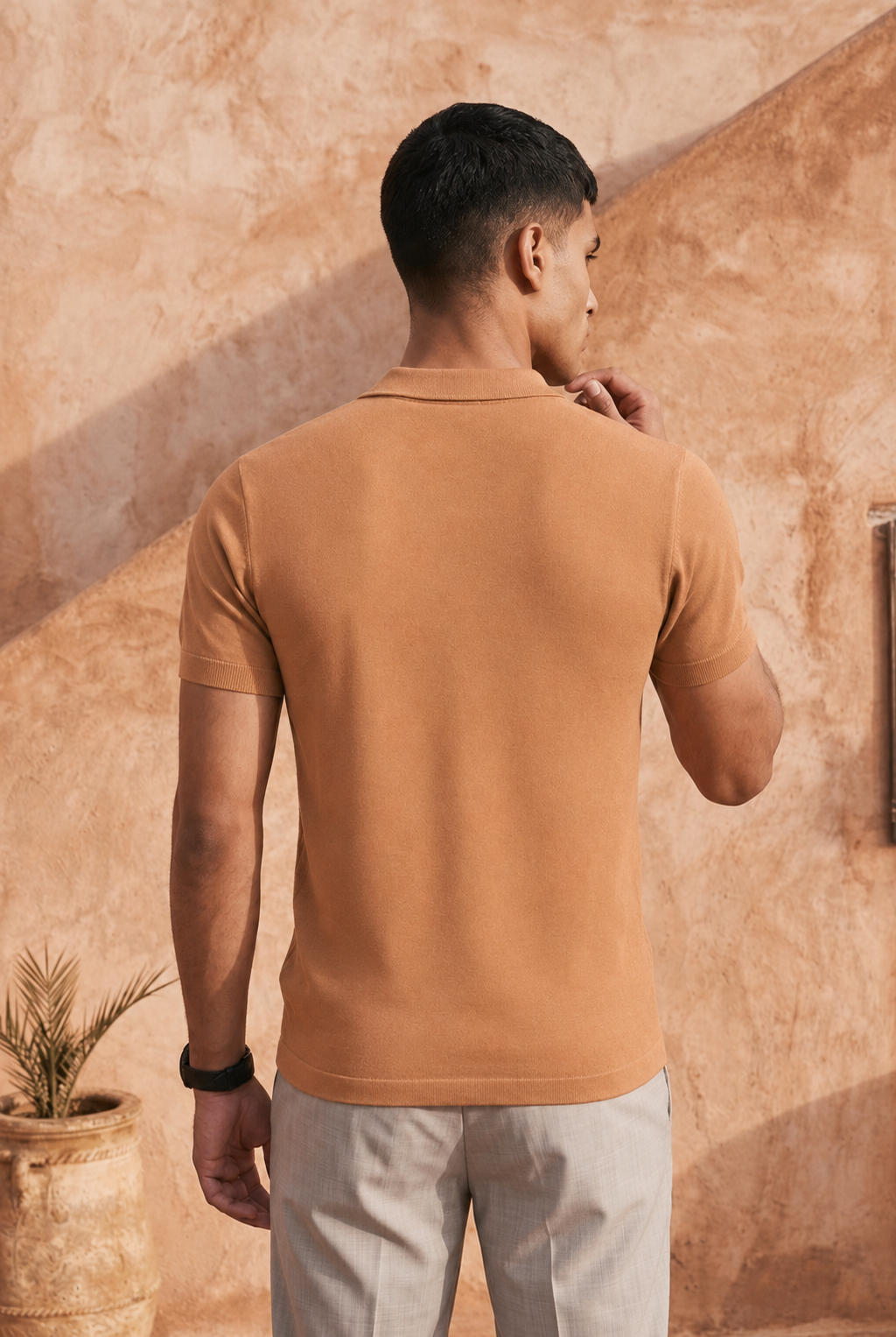 Sunset Clay Basket Weave Cotton Knit Polo T-Shirt