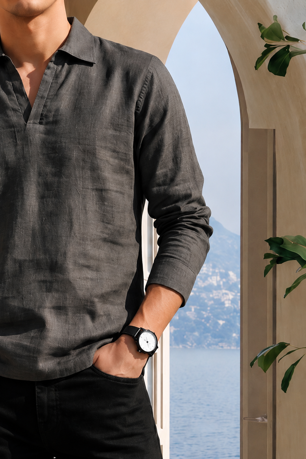 Charcoal Grey Pure Cotton Linen Johnny Collar Polo