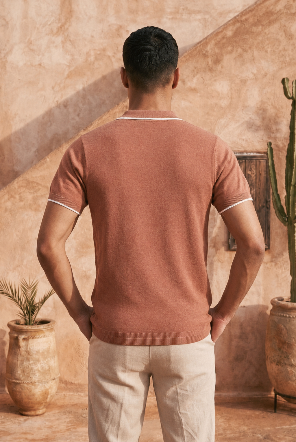 Desert Rose Checkered Cotton Knit Polo T-Shirt