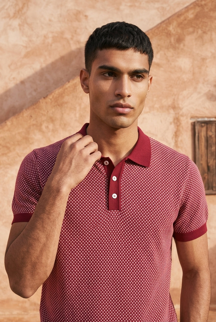 Crimson Melange Cotton Knit Polo T-Shirt