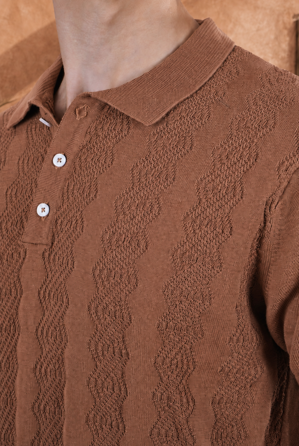 Smokey Camel Cable Cotton Knit Polo T-Shirt
