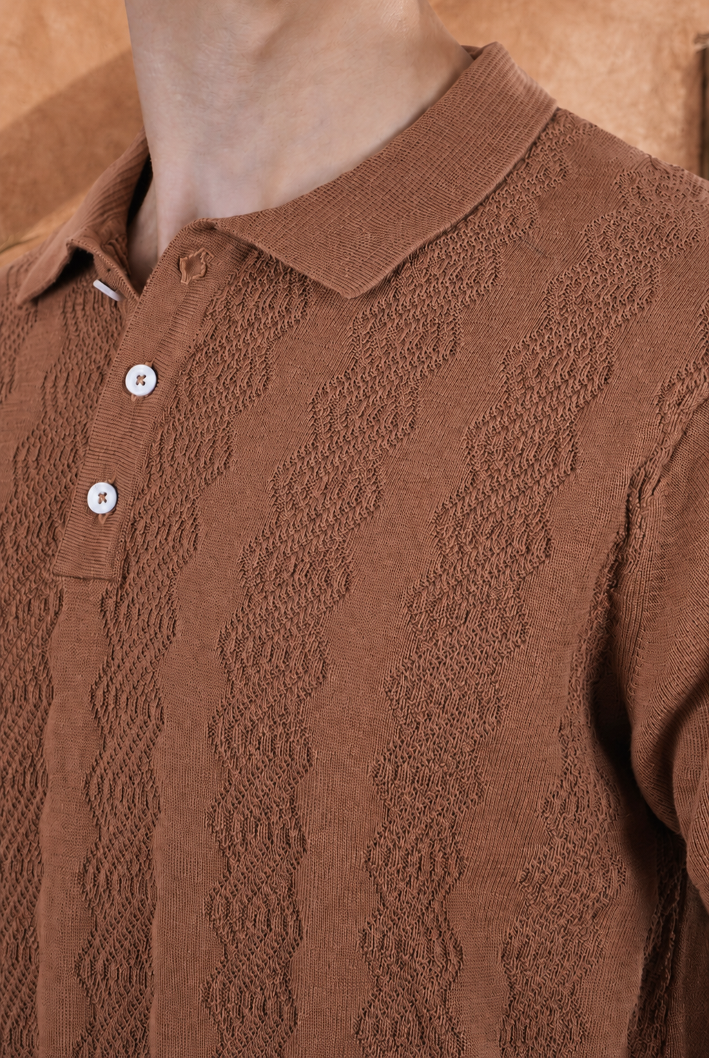 Smokey Camel Cable Cotton Knit Polo T-Shirt
