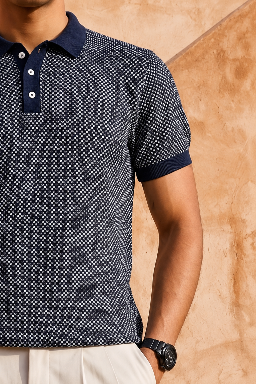 Midnight Melange Cotton Knit Polo T-Shirt