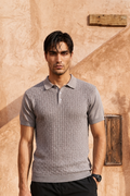 Ash Grey Basket Weave Cotton Knit Polo T-Shirt